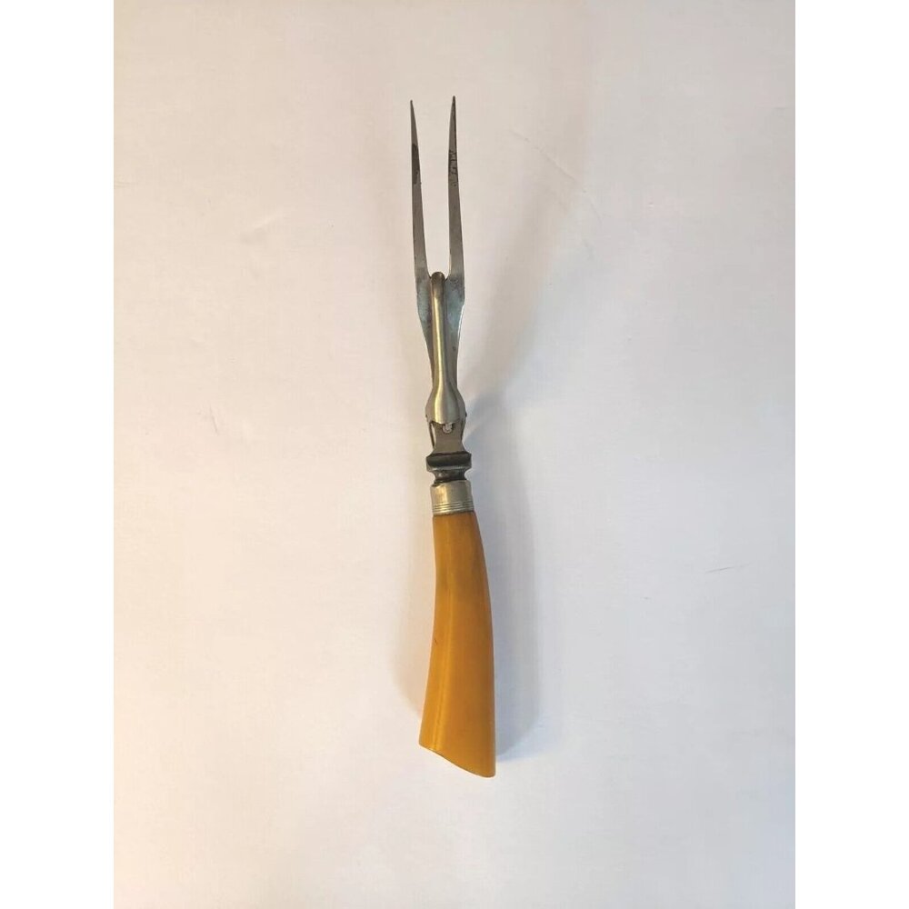 Vintage Butterscotch Bakelite Handle 2 Prong Steel Meat Serving Fork w Stand